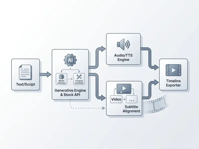 System architecture diagram showing data flow from script generation to audio and video timeline export