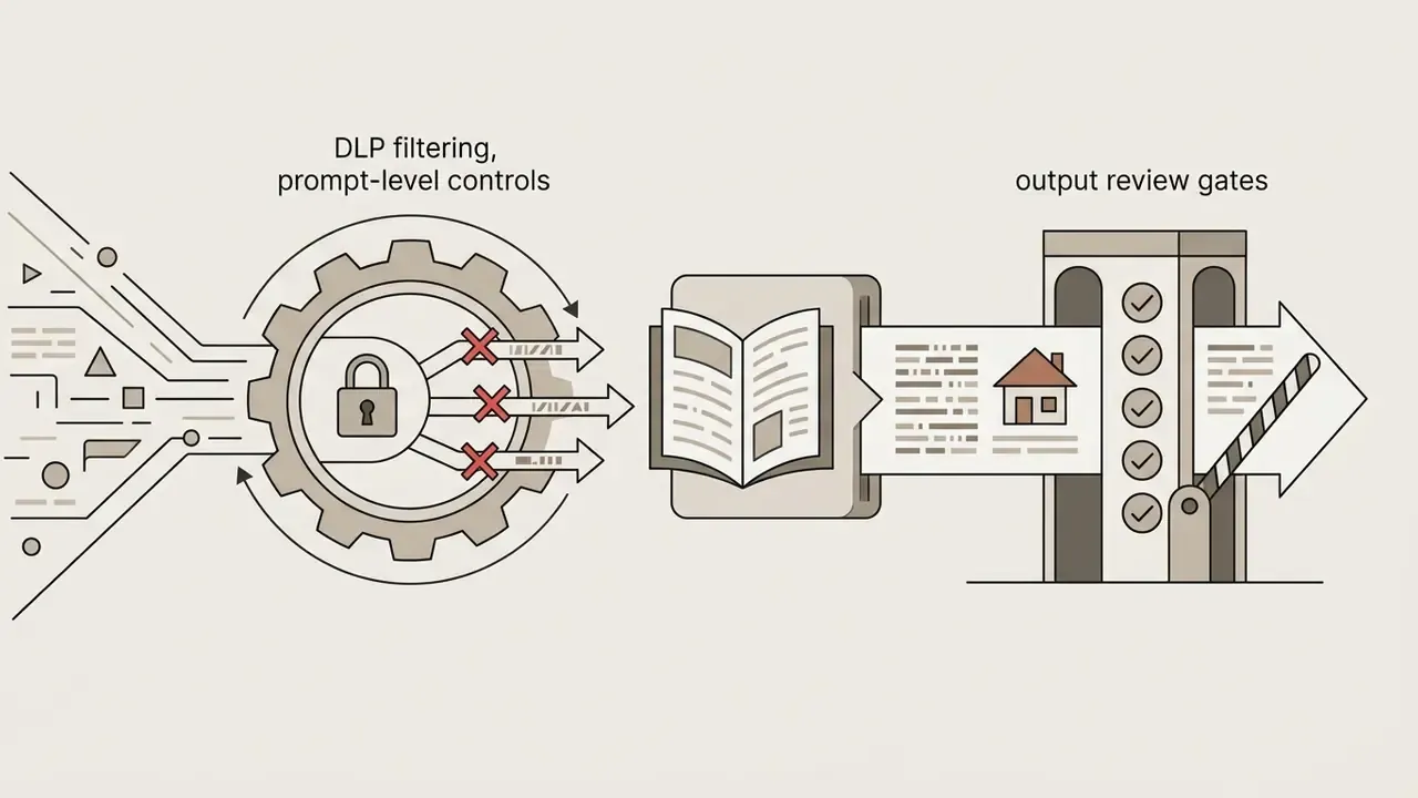Data passing through a gear with a lock icon into a book and a checklist gate for output review