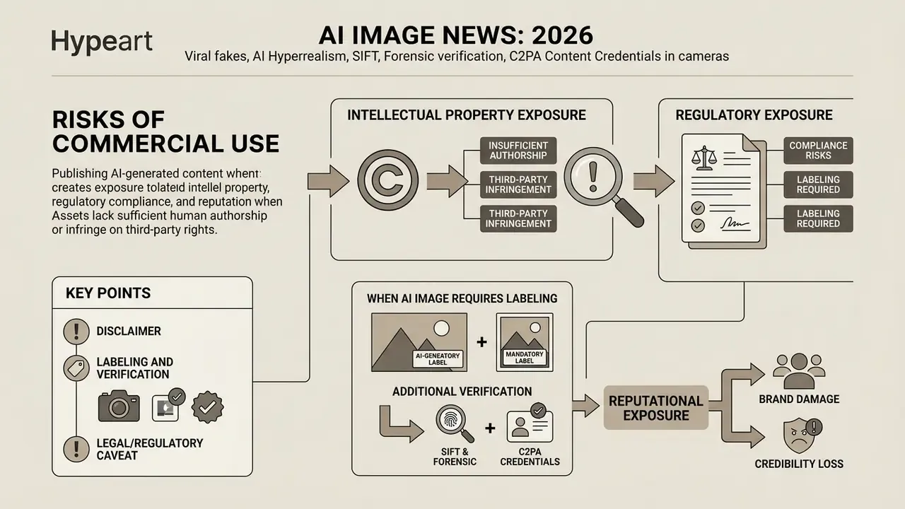 Flowchart outlining intellectual property, regulatory, and reputational risks of commercial AI content