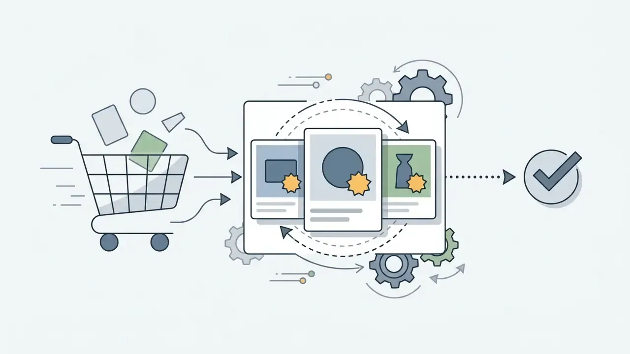 Shopping cart items feeding into a carousel generator with gears leading to a completed checkmark icon