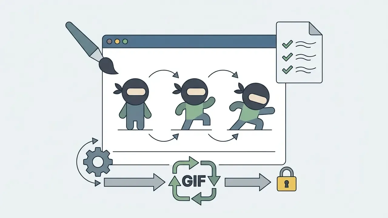 Browser window showing ninja character frames converted into a GIF file with a checklist and security lock