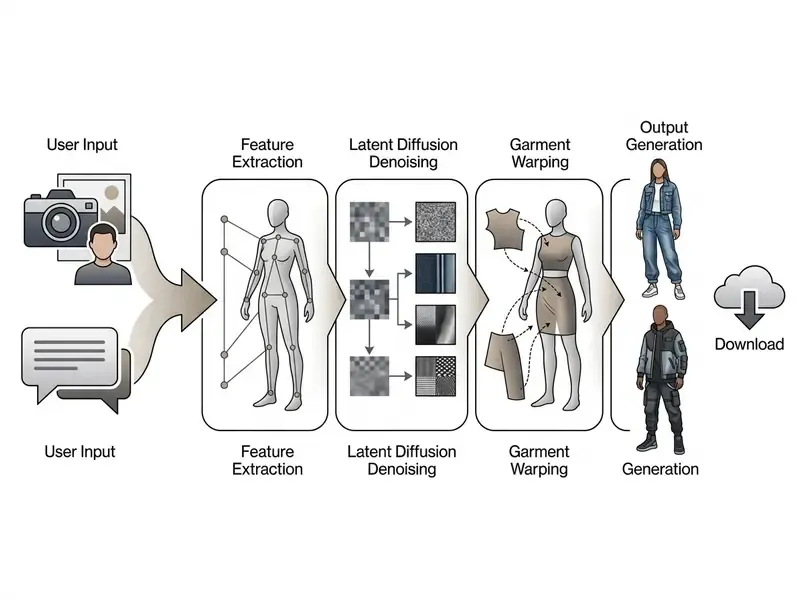Step by step process showing user inputs transforming into digital fashion through diffusion and warping