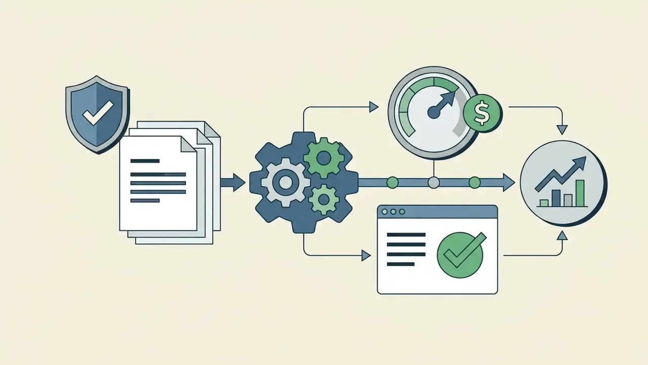 Protected documents feeding into a gear mechanism that outputs to cost gauges and growth analytics charts