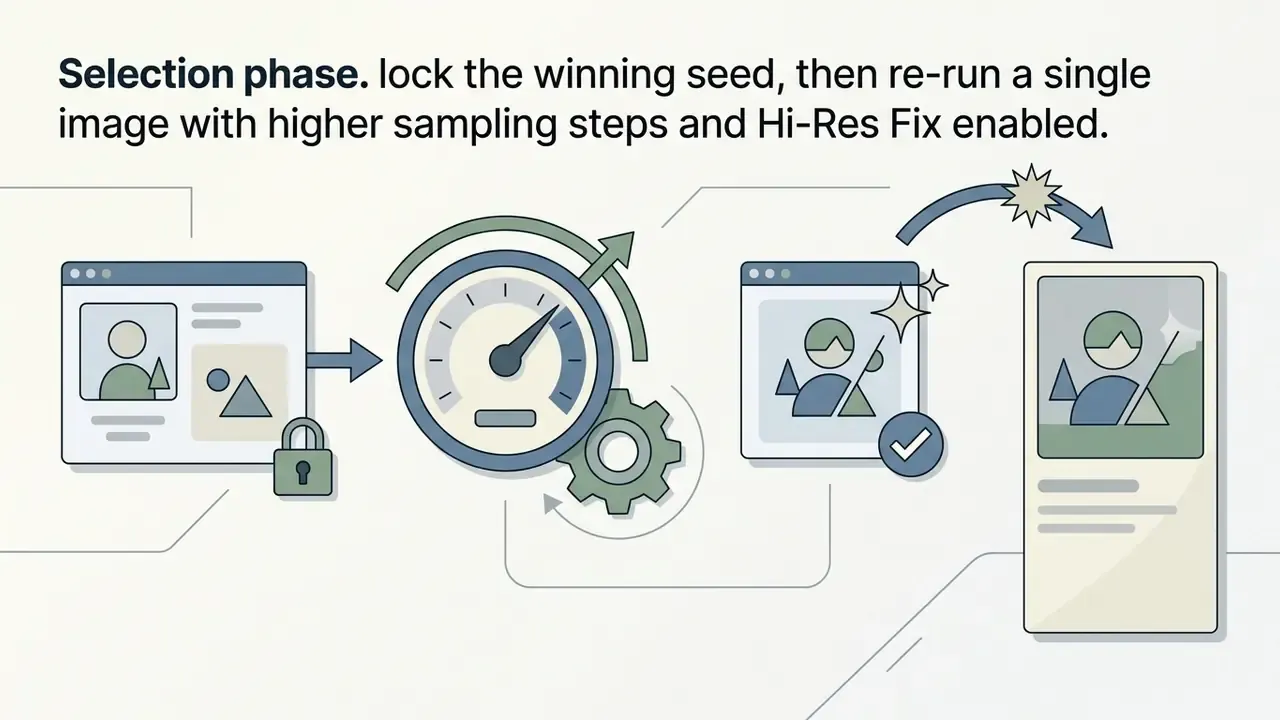 Sequence showing a locked seed, increased sampling speed, and an upscaled final image output