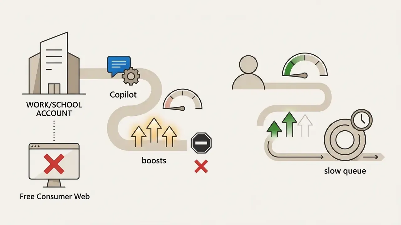 Comparison of account access paths showing restrictions for work accounts versus standard user queues