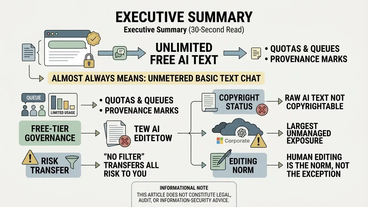 Infographic outlining key considerations and risks associated with using free unlimited AI text generators