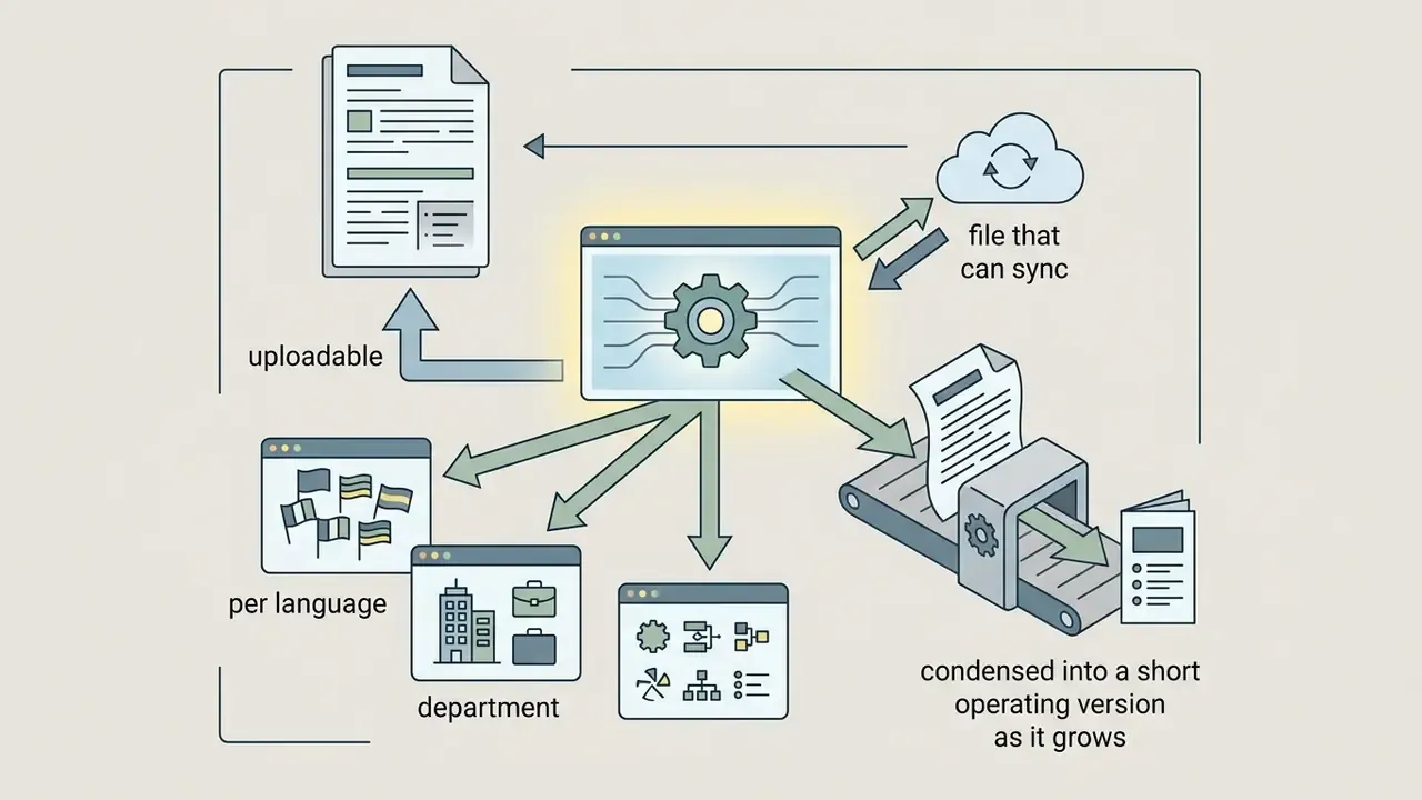 Document syncing with a central processing hub to generate condensed operating versions by department