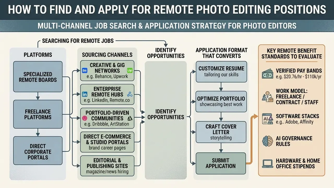 Infographic mapping sourcing channels and application steps for remote photo editor jobs