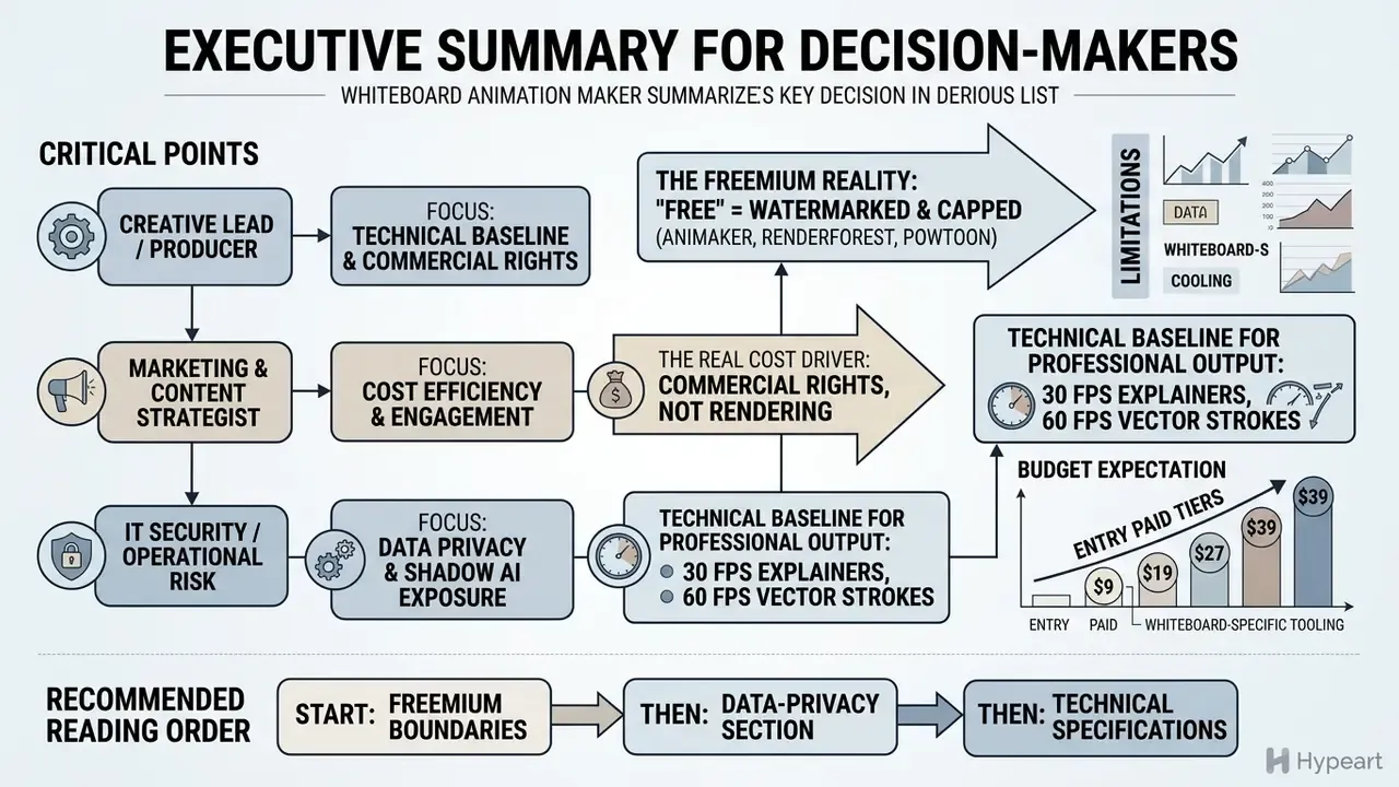 Flowchart outlining technical and financial considerations for selecting a whiteboard animation free tool