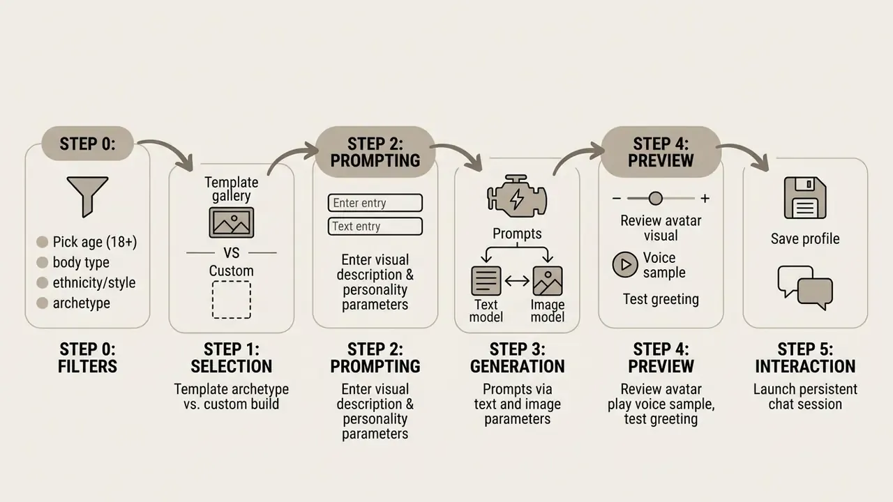 Six-step flowchart illustrating the process of configuring and launching an AI girlfriend generator