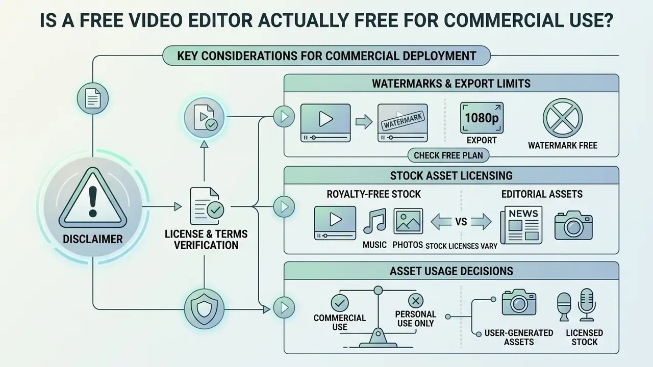 Flowchart outlining factors like watermarks, licensing, and asset usage for commercial video editing
