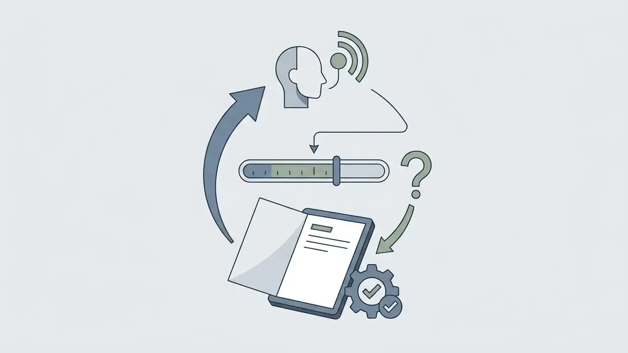 Human head icon with signal, a progress slider, and an open book with gear icons in a circular process