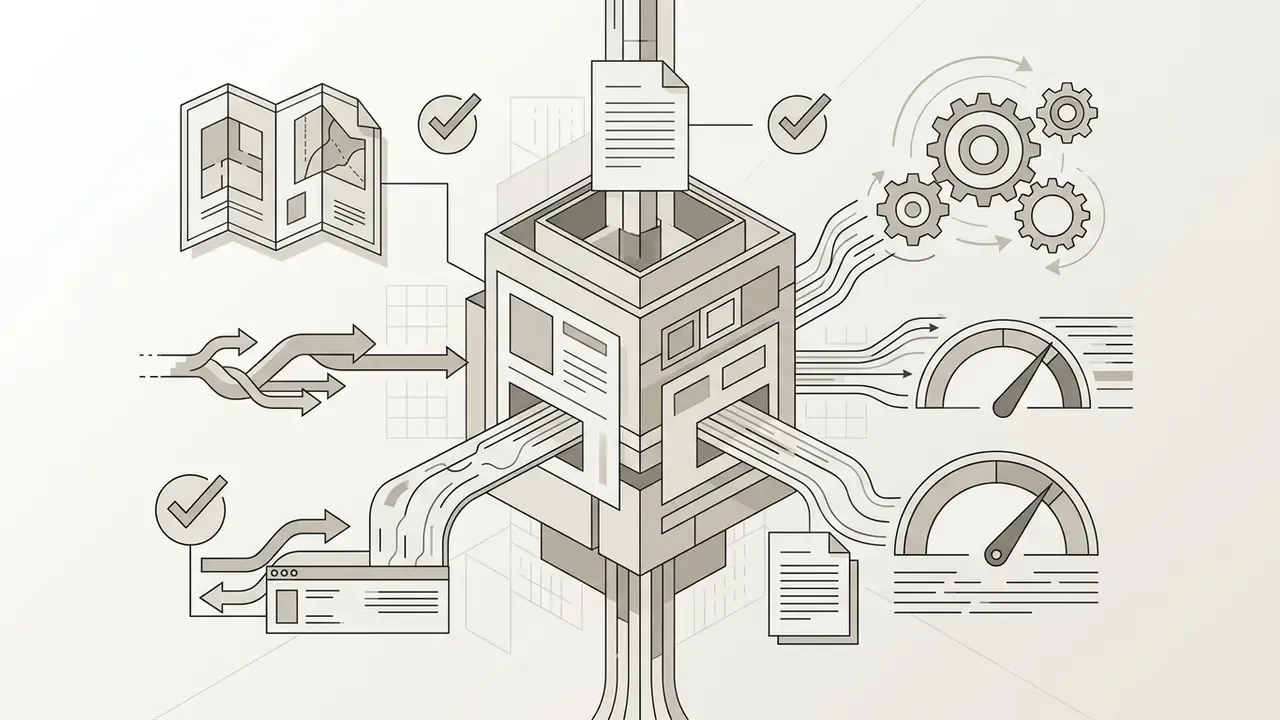 Boxy processor unit connected to maps, gauges, gears, and documents representing a narrative workflow