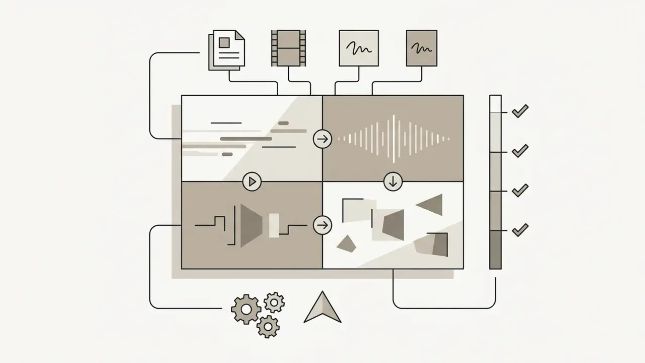 Four quadrants showing data inputs processing into audio waveforms and visual shapes with checkmarks