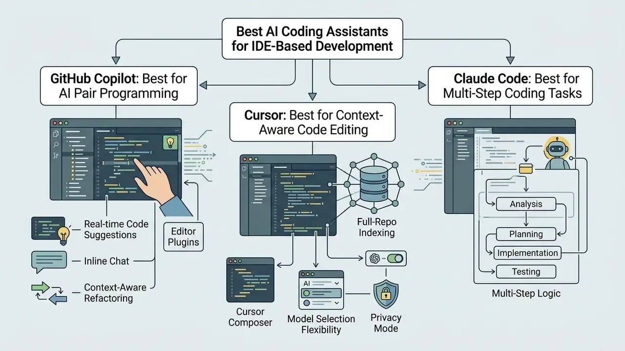 Comparison chart of GitHub Copilot, Cursor, and Claude Code features for IDE-based development