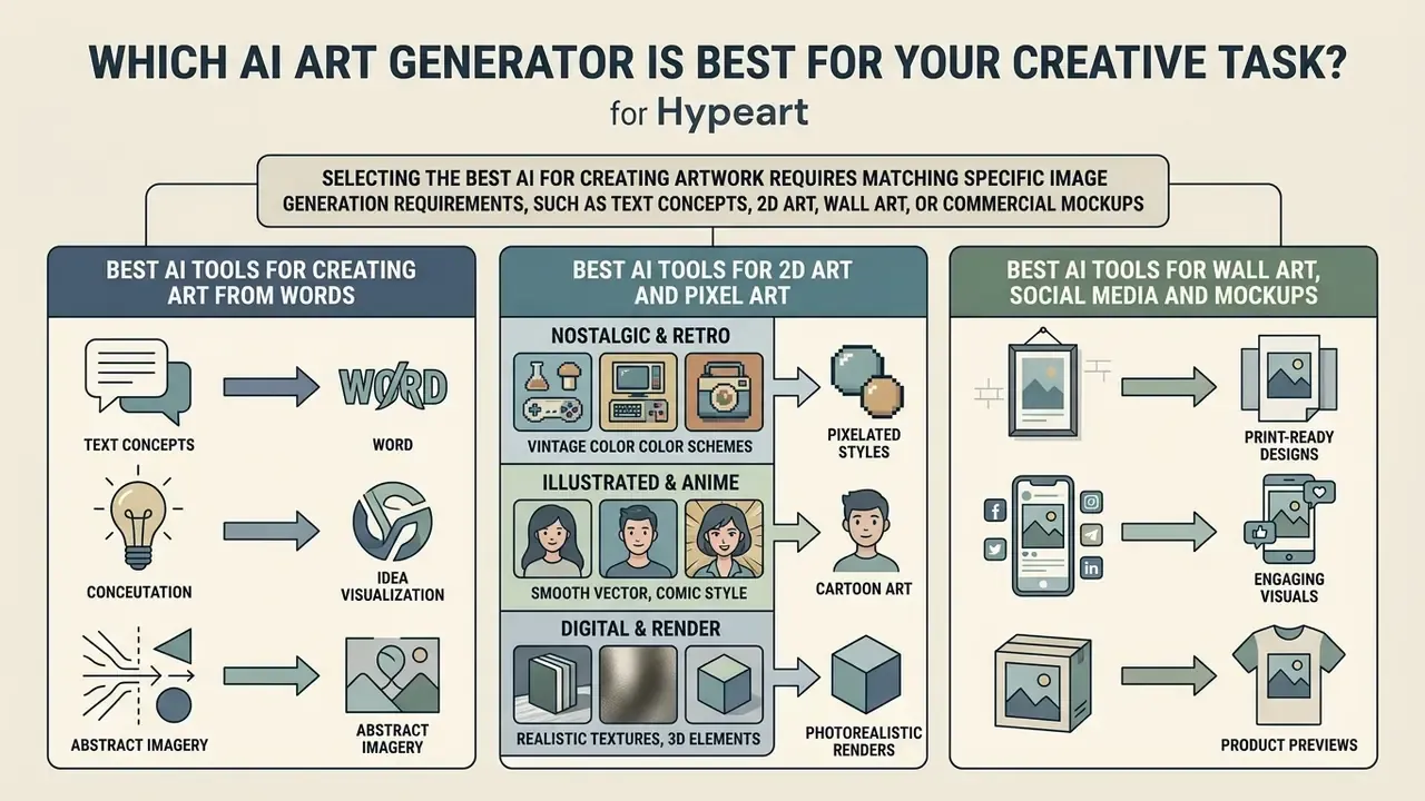 Infographic categorizing image generation tasks into text concepts, 2D art, and commercial mockups