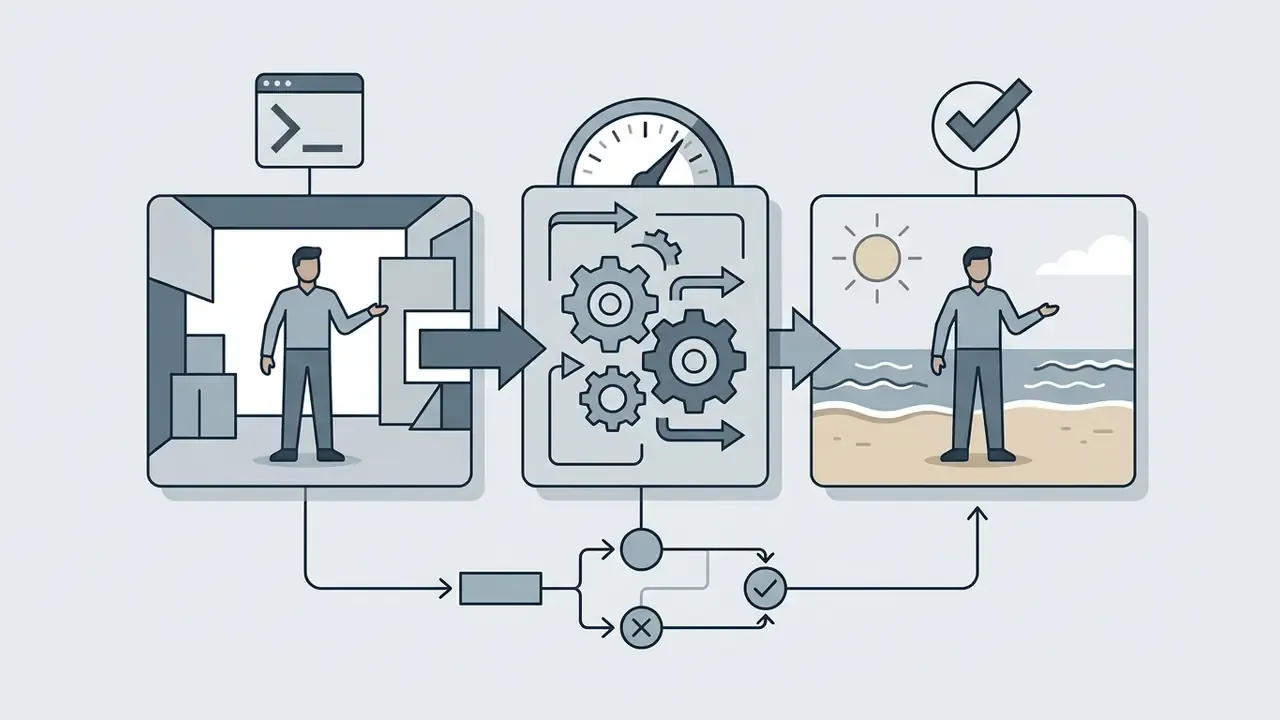 Person in a studio transitioning through a gear mechanism to a beach scene with a checkmark indicator