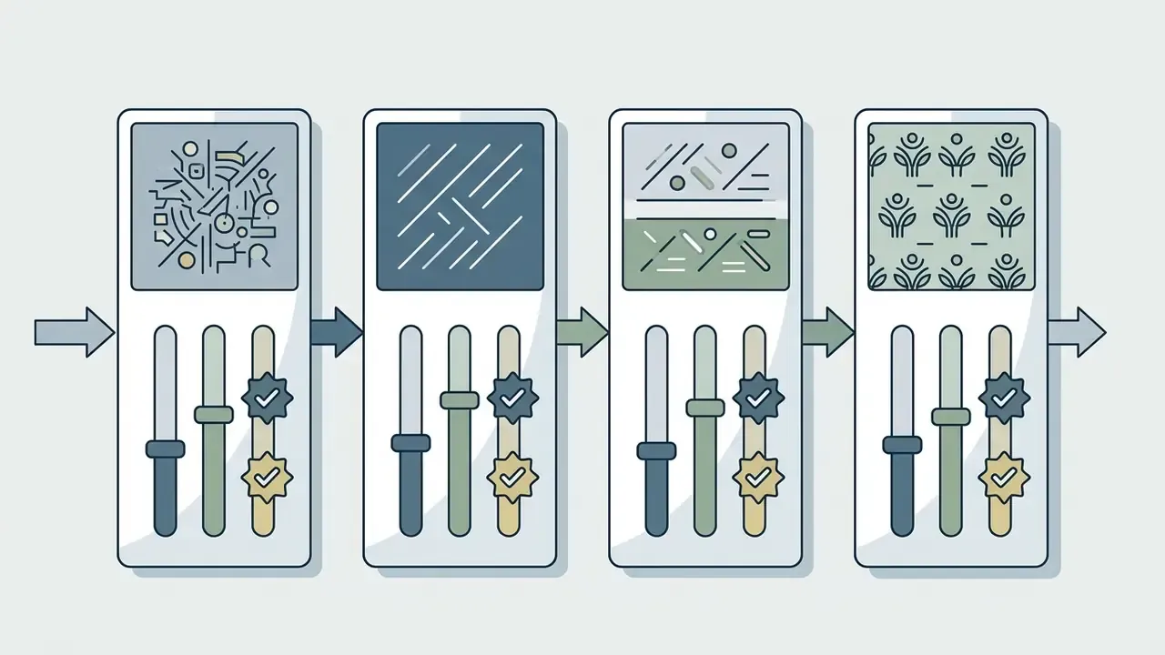 Four sequential panels showing abstract patterns adjusted by slider controls with checkmark indicators