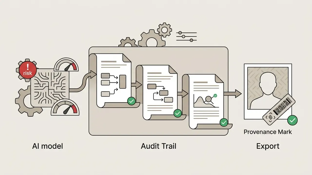 AI model processing flowing through audit documents to generate a portrait with a provenance mark