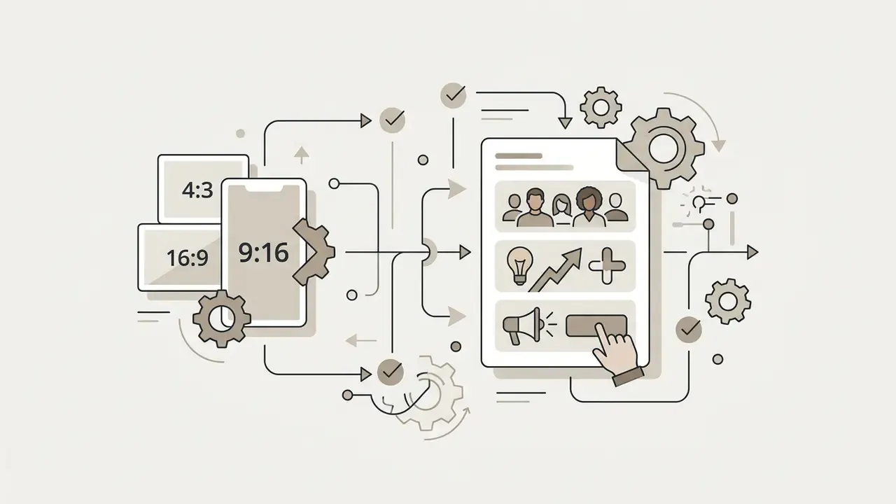Line art showing aspect ratio selection and script generation for digital advertising content