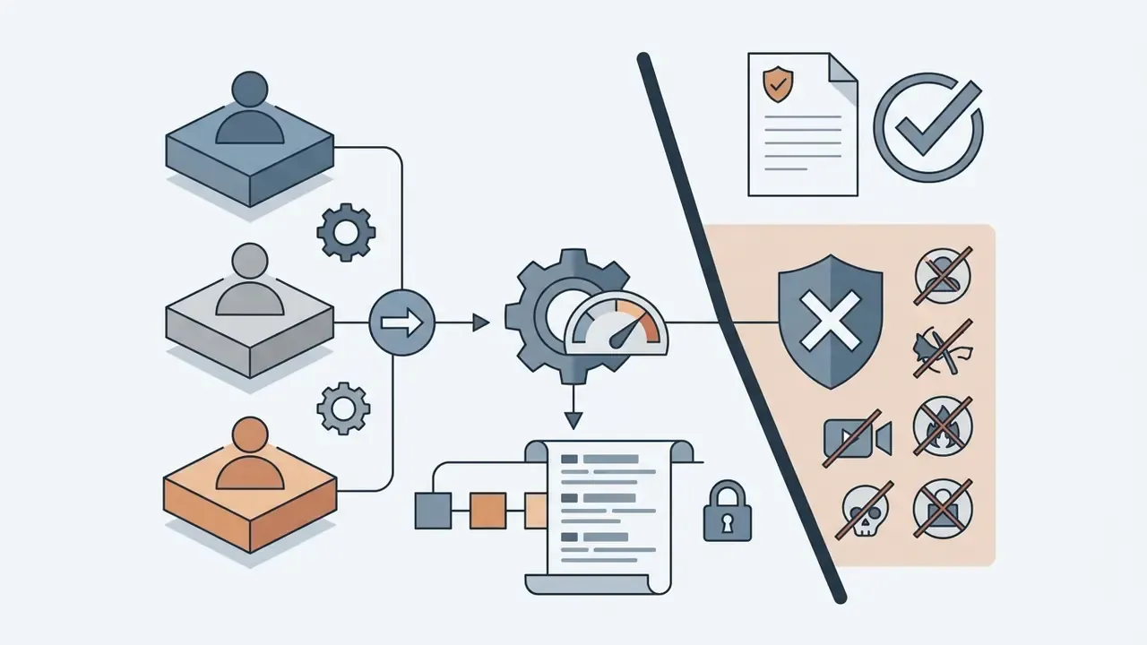 Process flow showing user inputs filtered against restricted content categories and policy documents