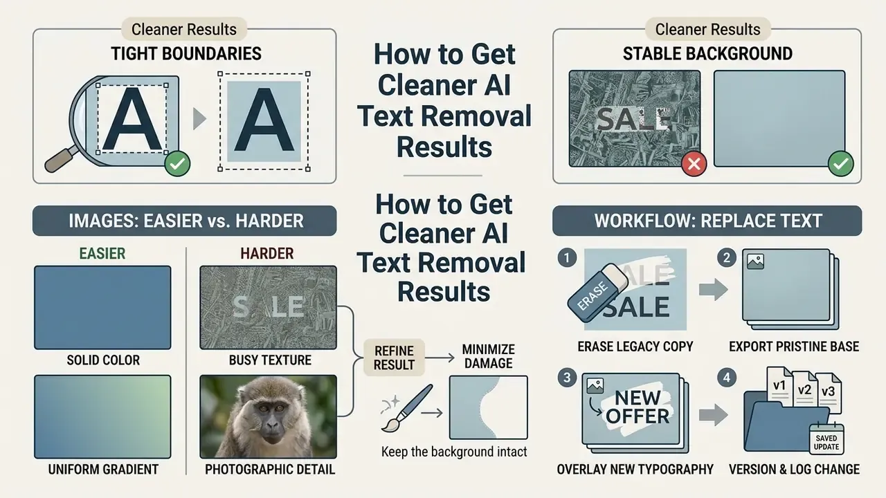 Infographic detailing best practices for tight selections, background stability, and text replacement workflows