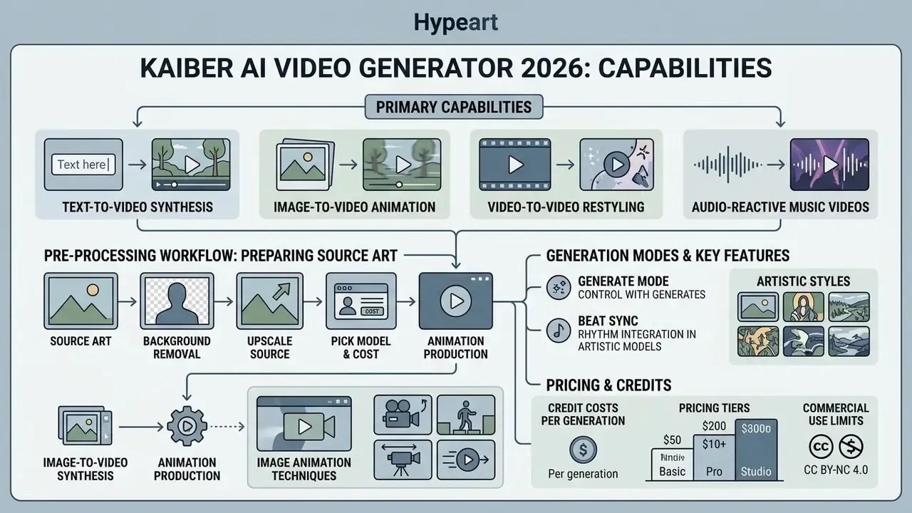 Flowchart detailing Kaiber AI video generator capabilities, pre-processing workflows, and pricing tiers