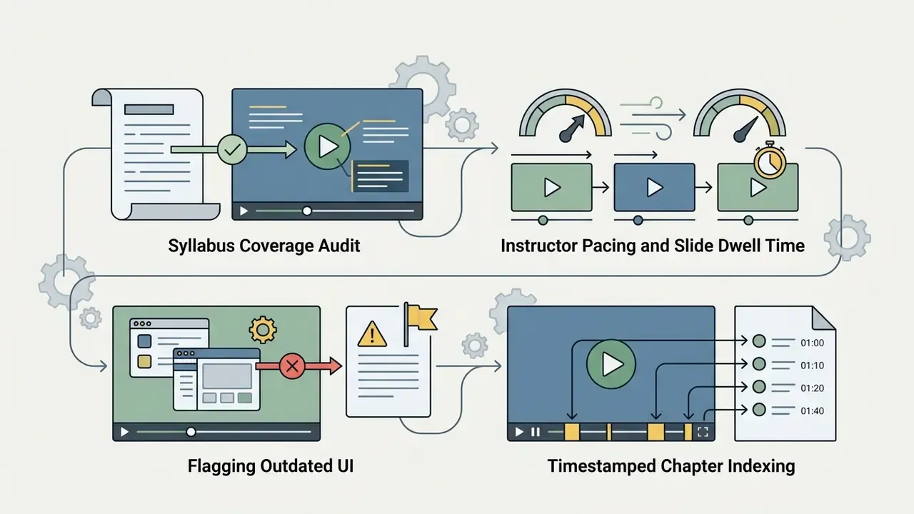 Process flow showing video auditing steps for syllabus coverage, instructor pacing, UI updates, and indexing