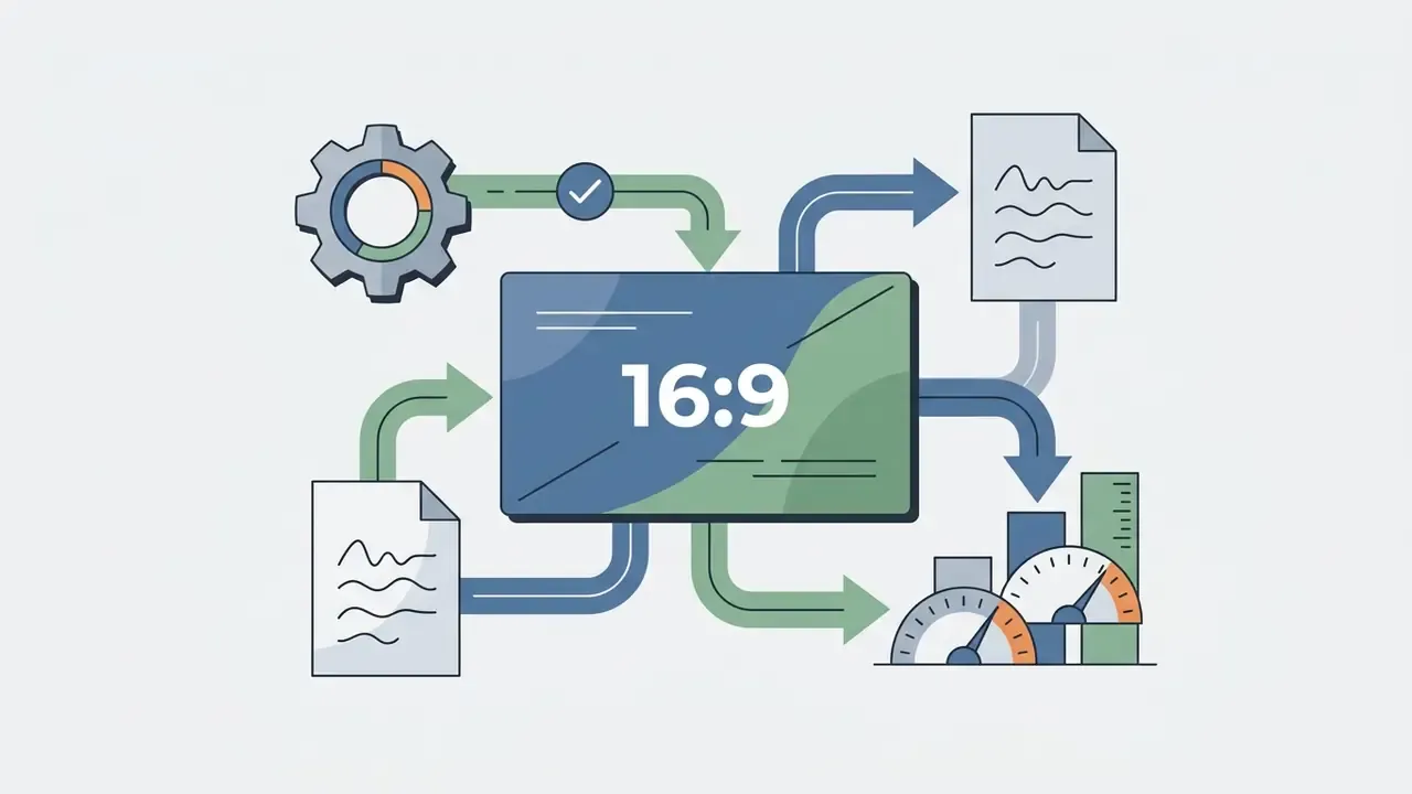 Central screen showing 16:9 aspect ratio with arrows connecting to document icons and performance gauges
