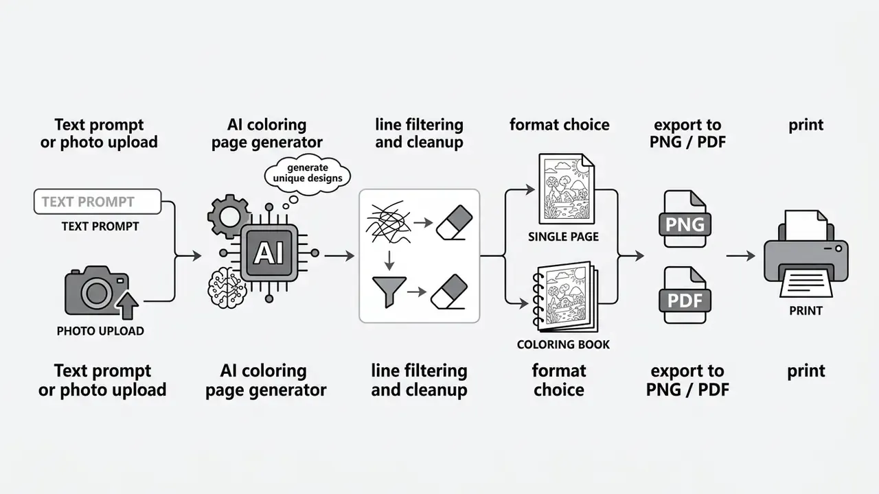 Flowchart showing steps from text or photo input to AI coloring page generation and final print output