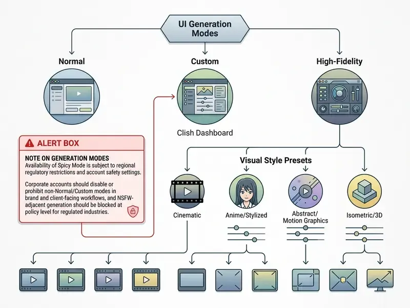 Hierarchical diagram mapping generation modes and visual style presets to various video output formats