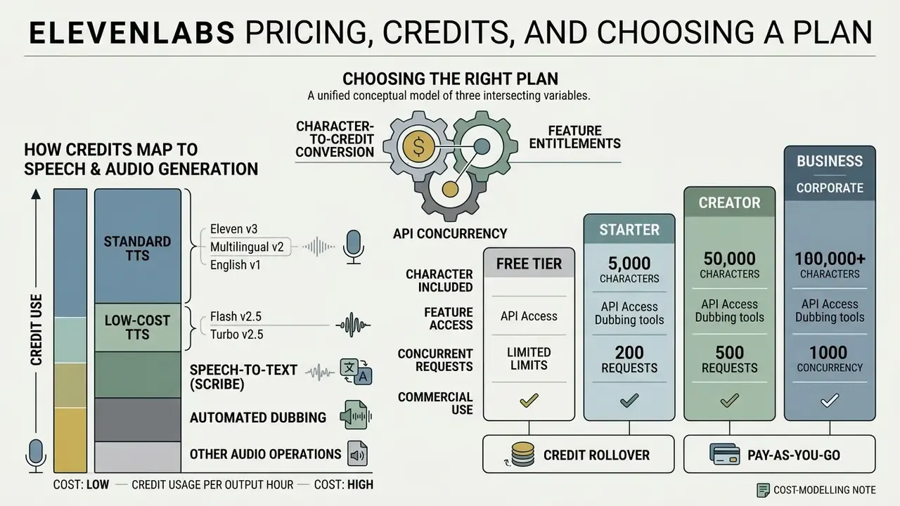 Comparison of credit usage for speech models alongside a breakdown of subscription plan features and limits