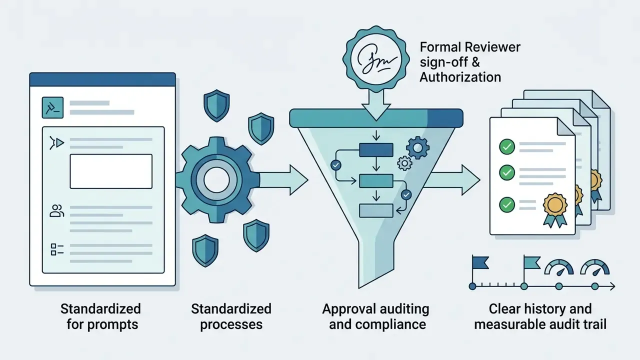 Prompts and processes feeding into a funnel for compliance review and an auditable document trail