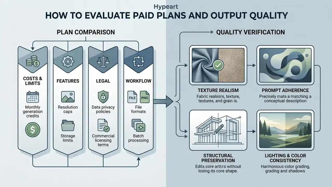 Diagram comparing AI image editing plan features and criteria for verifying output quality