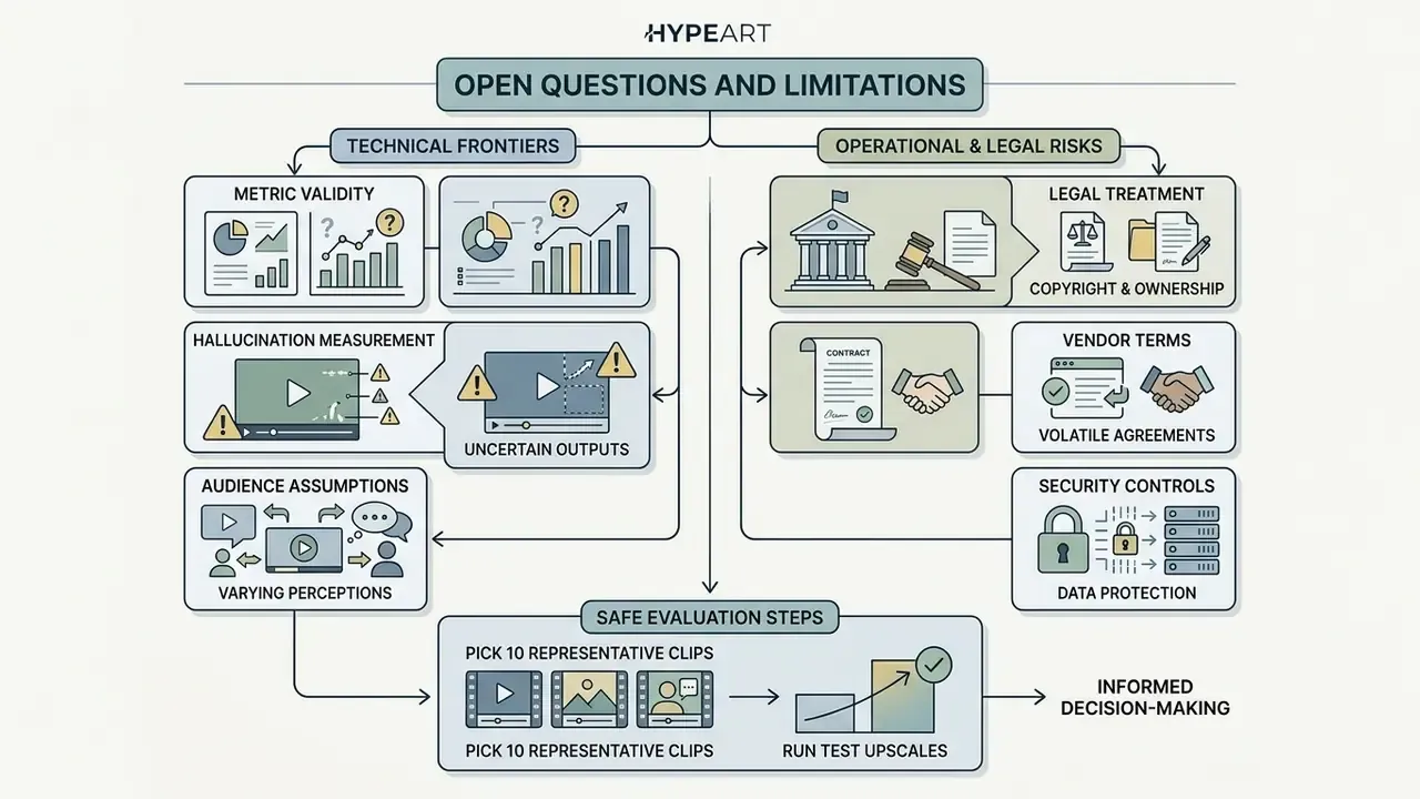 Flowchart outlining technical, legal, and operational challenges for video upscaler evaluation