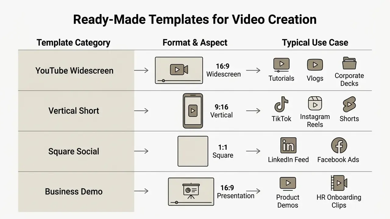 Matrix chart mapping video template categories to aspect ratios and common social media use cases