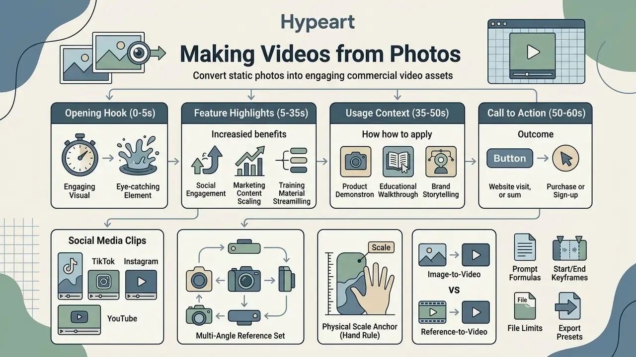 Timeline showing stages for how to make a video from a photo including hooks, features, and usage context