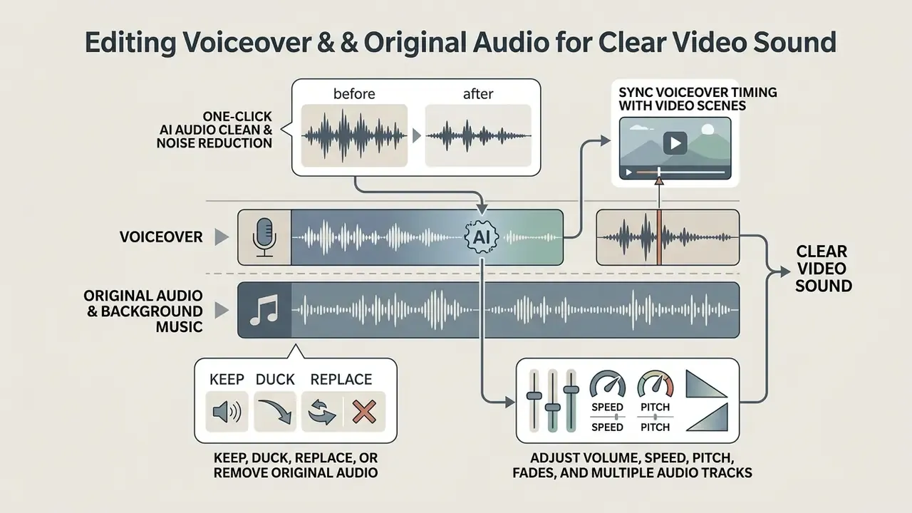 Infographic showing audio editing tools to balance voiceover and background music for clear video sound