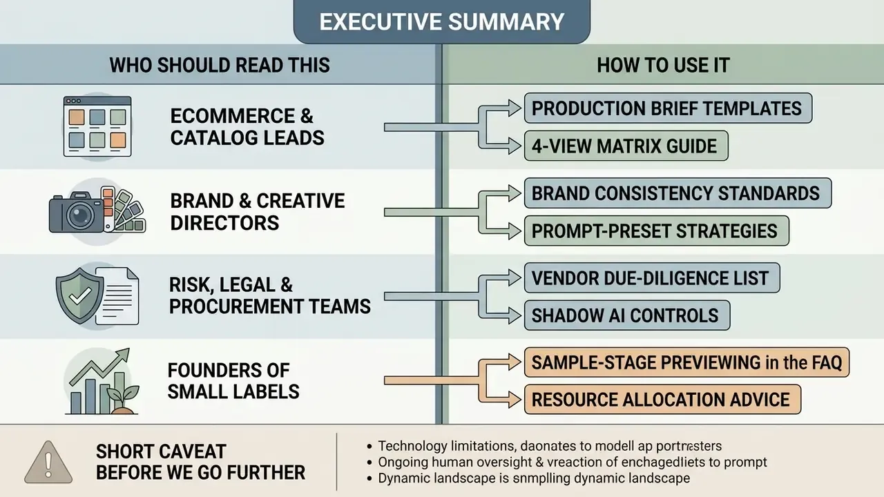 Infographic mapping professional roles to specific guide sections for AI fashion model implementation