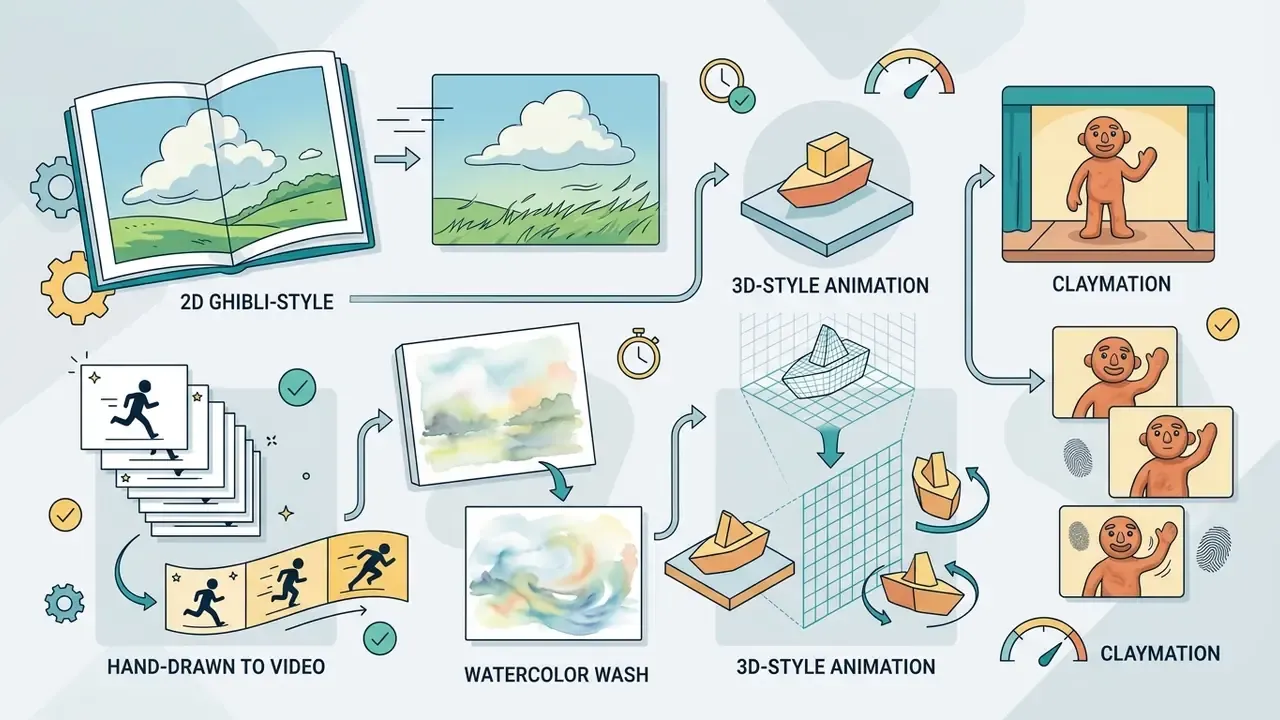 Visual guide showing various animation styles like Ghibli, watercolor, 3D, and claymation workflows
