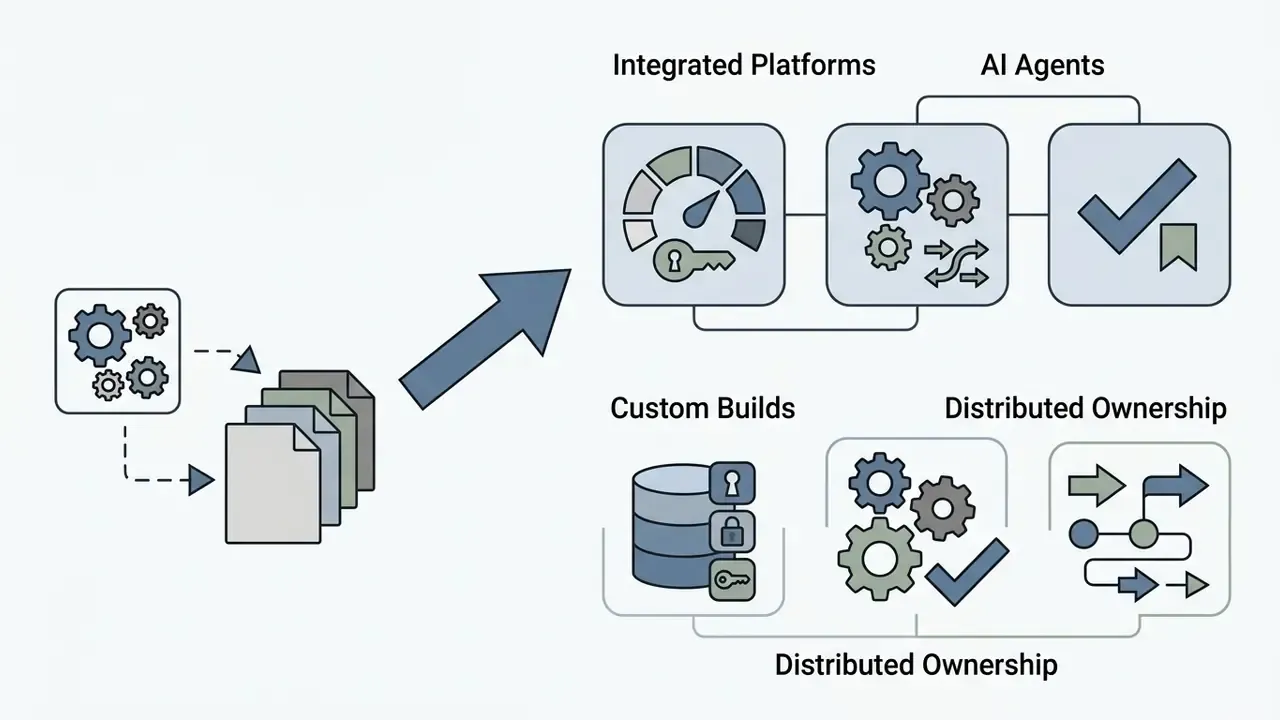 Icons representing integrated platforms, AI agents, custom builds, and distributed ownership workflows