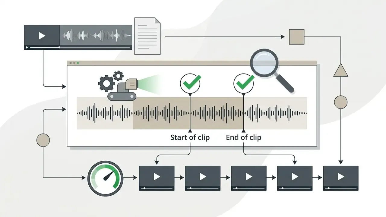 Audio waveform being analyzed and trimmed into segments for long to short video AI workflows