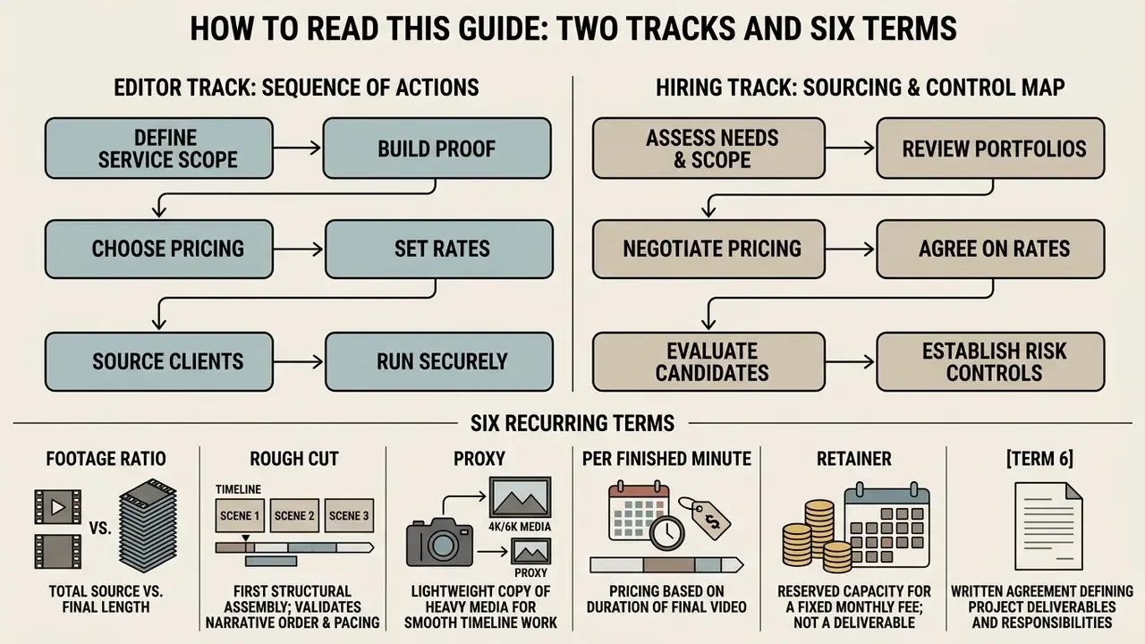 Flowchart showing sequential steps for a freelance video editor and a hiring manager alongside six key terms