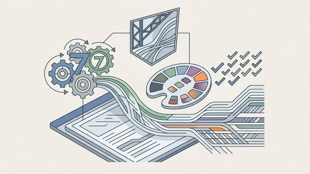 Interconnected gears, a shield, and a color palette feeding into a digital document with checkmarks