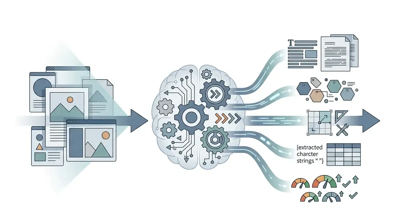 Digital brain with gears processing images into structured text, tags, coordinates, and quality metrics