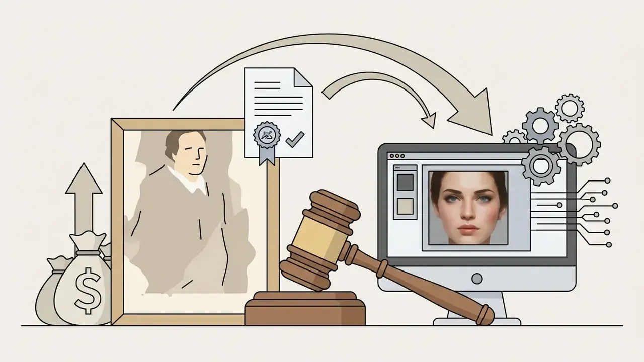 Portrait painting and money bags linked to a computer displaying a photorealistic face with a judge gavel