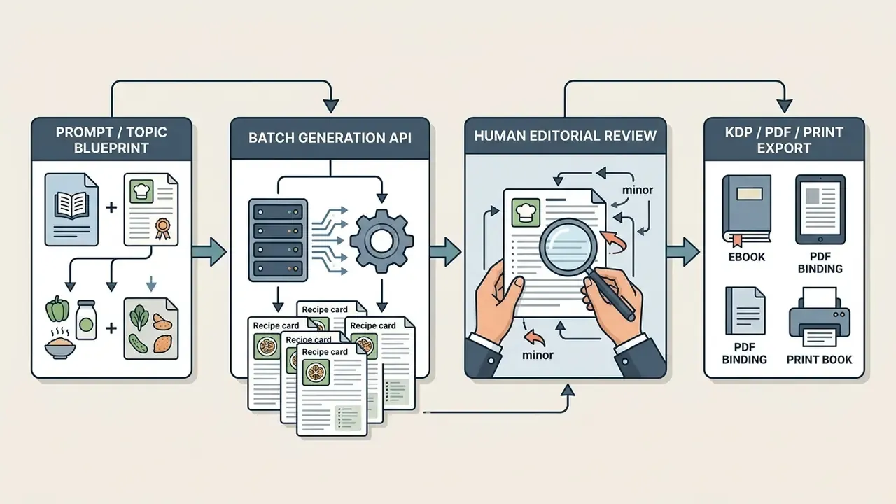 Process from prompt blueprints through API generation and editorial review to final PDF and print exports