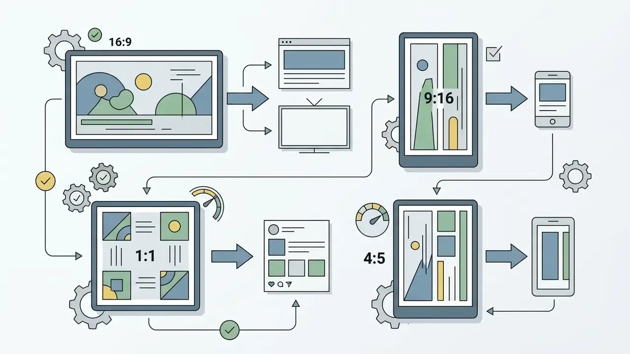 Sequence of aspect ratio conversions for various screens using gears and speed indicators