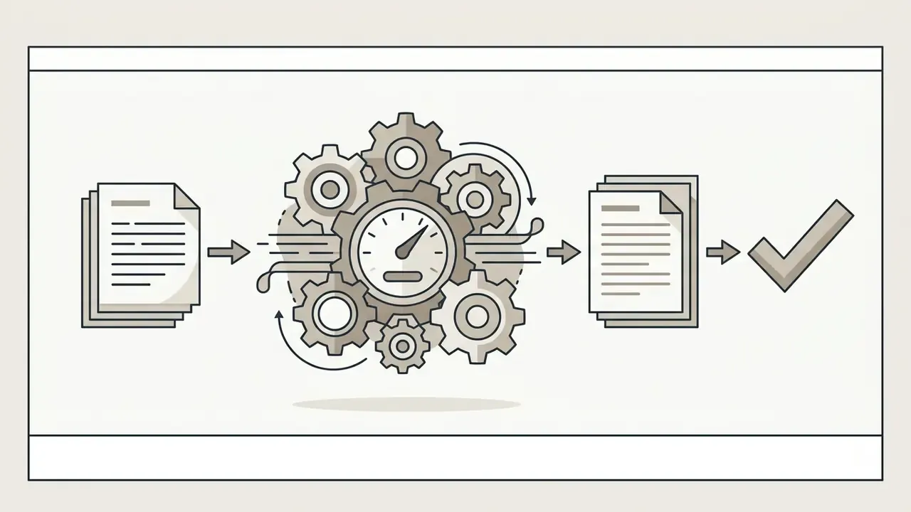 Paper stack feeding into a central gear mechanism with a gauge to produce a finalized file and checkmark