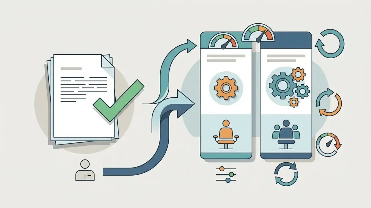 Document with a checkmark moving toward two tiered service panels featuring user icons and gear systems